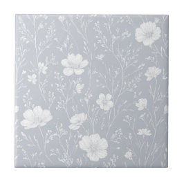 Azulejo De Cerâmica Padrão de Flor Silvestre Cinza e Branco Atenuado