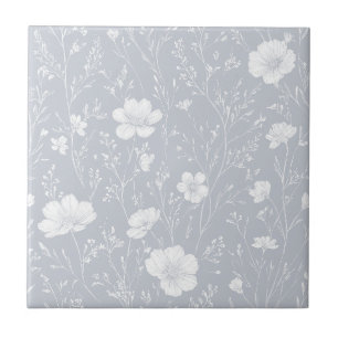 Azulejo De Cerâmica Padrão de Flor Silvestre Cinza e Branco Atenuado