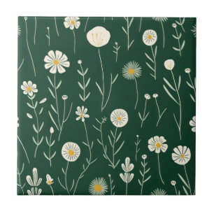 Azulejo De Cerâmica Padrão de Flor Silvestre Elegante em Verde Escuro