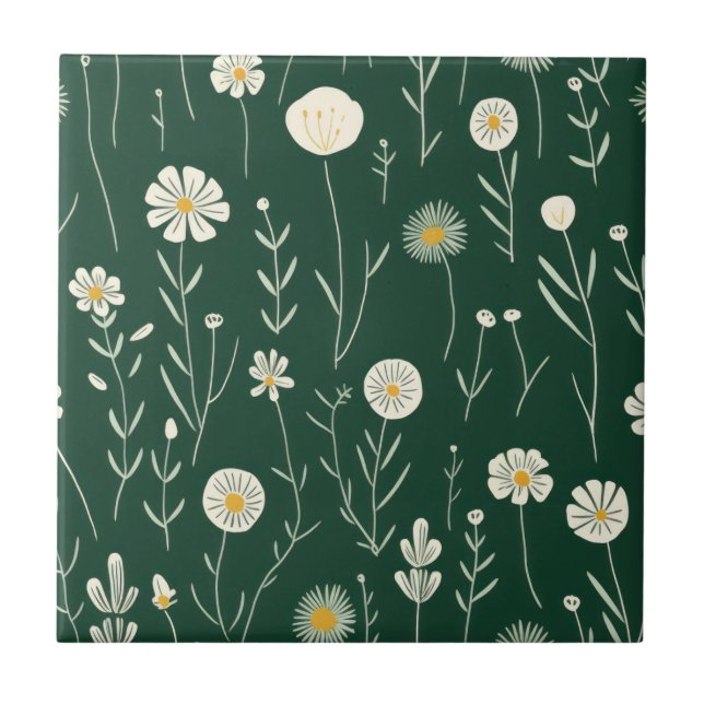 Azulejo De Cerâmica Padrão de Flor Silvestre Elegante em Verde Escuro  (Frente)