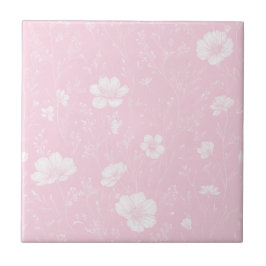Azulejo De Cerâmica Padrão de Flor Silvestre Rosa e Branco Atenuado