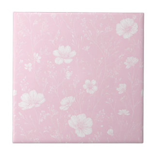Azulejo De Cerâmica Padrão de Flor Silvestre Rosa e Branco Atenuado