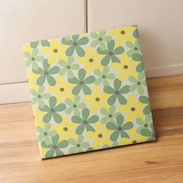 Azulejo De Cerâmica Padrão de Flor Verde Amarelo Retroativo Y2K 70s (Criador carregado)