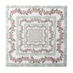 Azulejo De Cerâmica Padrão de Flor Y2K 70s - Borda Cor-de-Rosa Verde