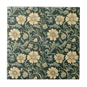 Azulejo De Cerâmica Padrão de flores amarelas estilizadas em verde esc