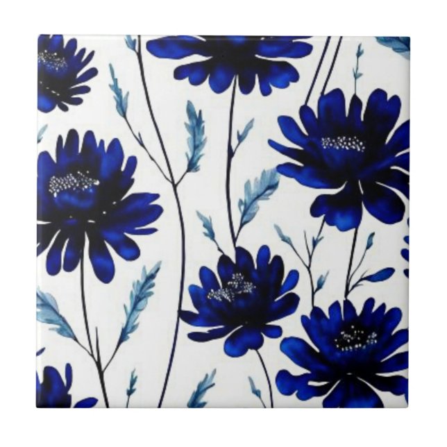 Azulejo De Cerâmica padrão de flores azuis marinho (Frente)