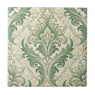 Azulejo De Cerâmica Padrão de Flores Botânicas Vintage Verde e Bege