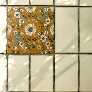 Azulejo De Cerâmica Padrão de Flores de Mostarda Retro de Outono