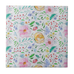 Azulejo De Cerâmica Padrão de Flores e Botões de Aquarela Leve e Bonit