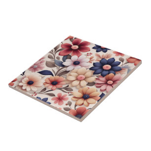 Azulejo De Cerâmica Padrão de flores e folhas cor-de-rosa em negrito