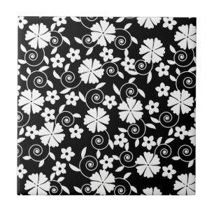 Azulejo De Cerâmica Padrão de flores giratórias pretas e brancas fofas