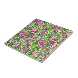 Azulejo De Cerâmica Padrão de Flores Retro de Púrpura Verde e bege