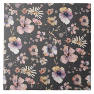Azulejo De Cerâmica Padrão de Flores Silvestres Rosadas Aquarela Boho