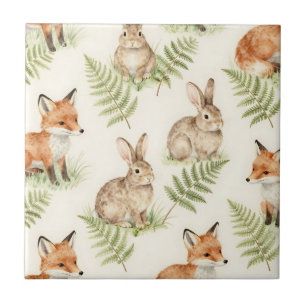 Azulejo De Cerâmica Padrão de Floresta de Raposa e Coelho em Aquarela