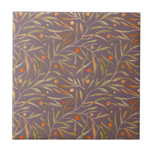 Azulejo De Cerâmica Padrão de Folha de Aquarela Elegante Fundo Roxo