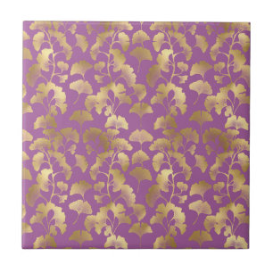 Azulejo De Cerâmica Padrão de Folha de Ginkgo Roxo Dourado Mínimo