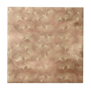 Azulejo De Cerâmica Padrão de Folha de Ouro Botânico Rosa Suave Ginkgo
