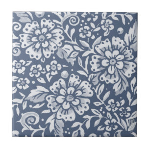 Azulejo De Cerâmica Padrão De Folha Floral De Flor Azul Médio Denim