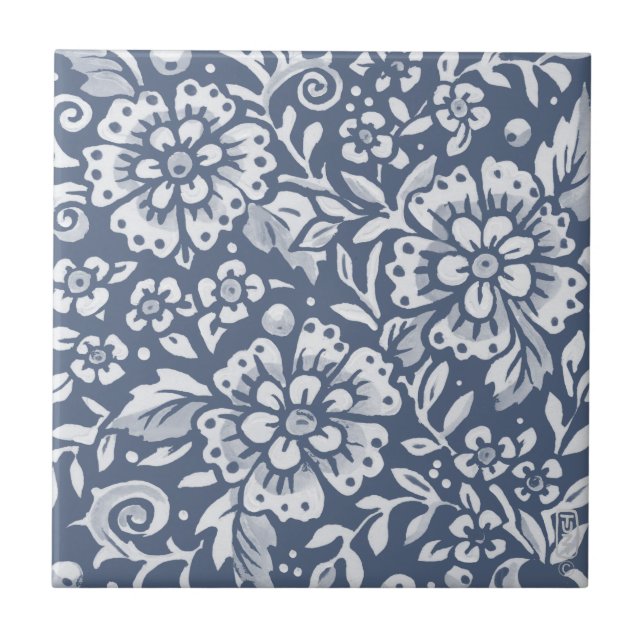 Azulejo De Cerâmica Padrão De Folha Floral De Flor Azul Médio Denim (Frente)