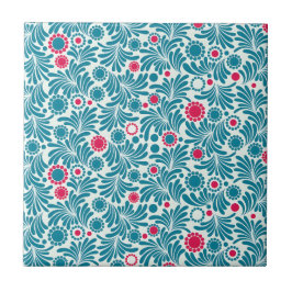 Azulejo De Cerâmica Padrão de Folhagem Azul-turquesa e Magenta Elegant