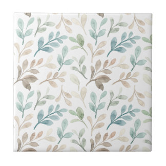 Azulejo De Cerâmica Padrão de Folhas de Aquarela em Sage Suave e Ocre