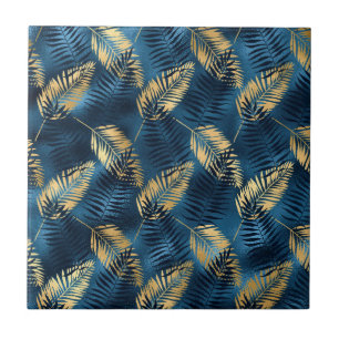 Azulejo De Cerâmica Padrão de Folhas de Palmeira Azul Tropical de Verã