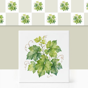Azulejo De Cerâmica Padrão de Folhas de Uva Verde em Aquarela