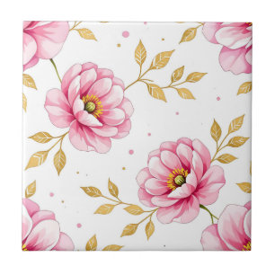 Azulejo De Cerâmica Padrão de Folhas Douradas de Flores de Peônia Rosa
