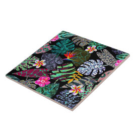 Azulejo De Cerâmica Padrão de Folhas e Flores Tropicais Vibrantes