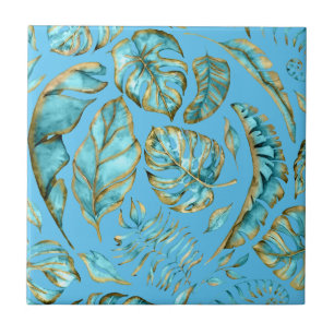 Azulejo De Cerâmica Padrão de folhas tropicais da selva aqua tropical