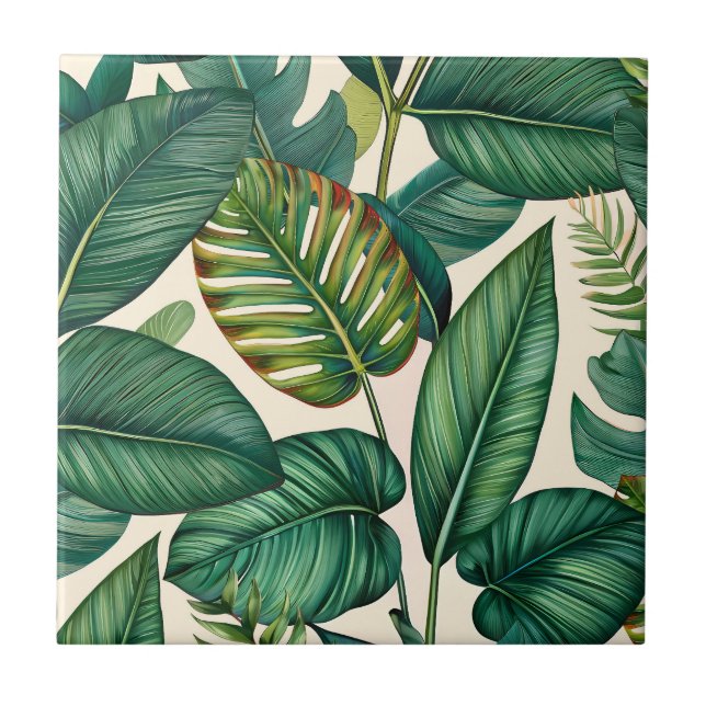 Azulejo De Cerâmica Padrão de Folhas Tropicais de Monstera Palm Verde  (Frente)