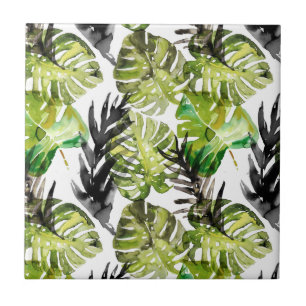 Azulejo De Cerâmica Padrão de Folhas Tropicais de Preto e Cor-de-Águ