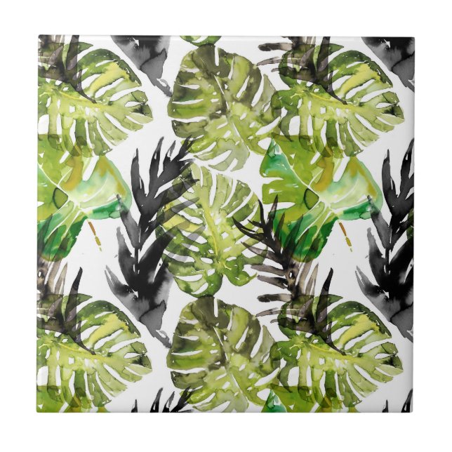 Azulejo De Cerâmica Padrão de Folhas Tropicais Verde Preto-Aquarela (Frente)