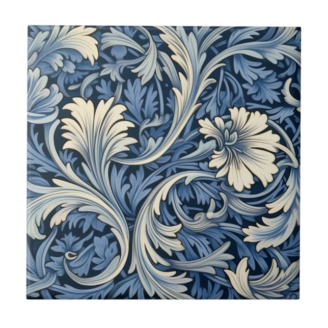Azulejo De Cerâmica Padrão de Foliato Azul e Branco (Frente)