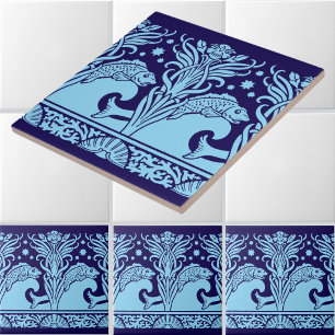 Azulejo De Cerâmica Padrão de friso de estêncil de peixes e flores Art