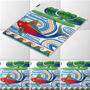 Azulejo De Cerâmica Padrão de friso de peixe e lírio retrô Art Nouveau