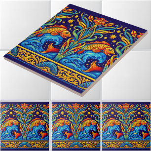 Azulejo De Cerâmica Padrão de friso de peixes e flores Art Nouveau Koi