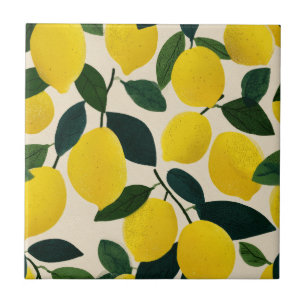 Azulejo De Cerâmica Padrão de Fruta Cítrica Limões Amarelos Mediterrân