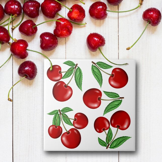 Azulejo De Cerâmica Padrão de Fruta de Cerejas Vermelhas (Cherries ceramic tile, great for kitchen backsplash, tabletops or buy optional frame for wall decor.)