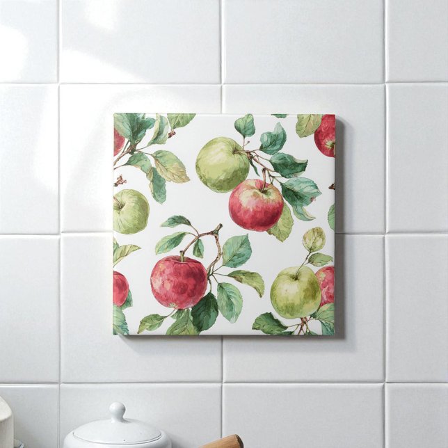 Azulejo De Cerâmica Padrão de Fruta de Maçã Verde Vermelha Russo de Aq (Red Green Apple Fruit Pattern Watercolor Rustic Ceramic Tile)