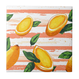 Azulejo De Cerâmica Padrão de Fruta de Mango com Folhas Verdes