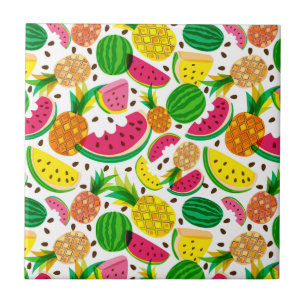 Azulejo De Cerâmica Padrão de Fruta tropical vermelho e amarelo