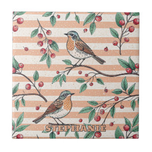 Azulejo De Cerâmica Padrão de Galho de Fruta de Pêssego Antigo Cantora