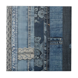Azulejo De Cerâmica Padrão de Ganga com Listra de Renda Índigo Elegant