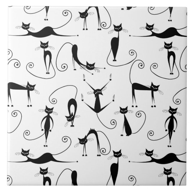Azulejo De Cerâmica Padrão de Gato Preto Esbranquiçado Whimsical (Frente)