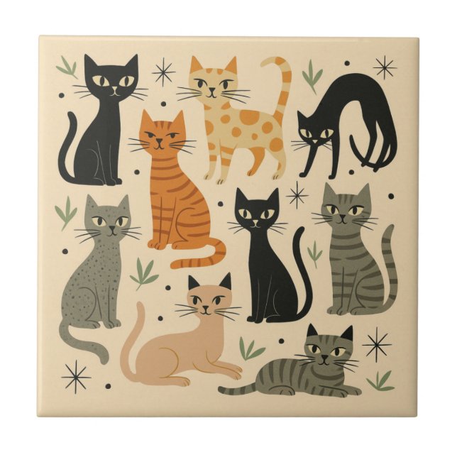 Azulejo De Cerâmica Padrão de Gato Retro Vintage dos Anos 1950 (Frente)