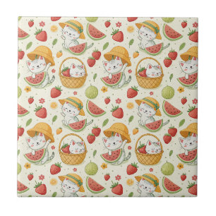 Azulejo De Cerâmica Padrão de Gatos com Frutas de Verão - Design de Pi