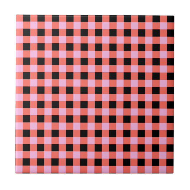 Azulejo De Cerâmica Padrão de Gingham, com Verificação a Preto, Rosa (Frente)