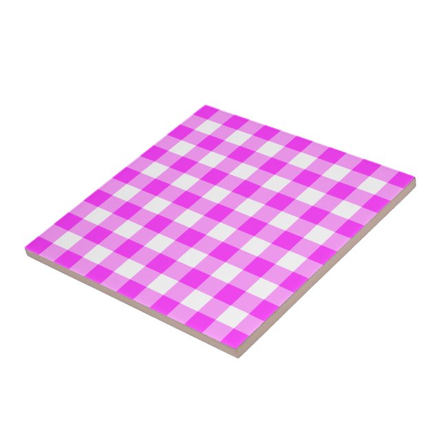 Azulejo De Cerâmica Padrão de Gingham Cor-de-Rosa e Branco (Lateral)