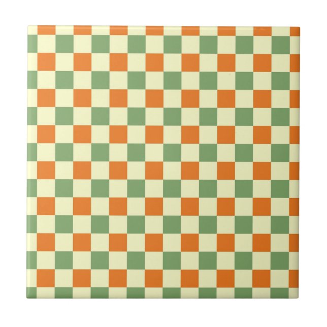 Azulejo De Cerâmica Padrão de Gingham - Laranja Verde Marrom (Frente)